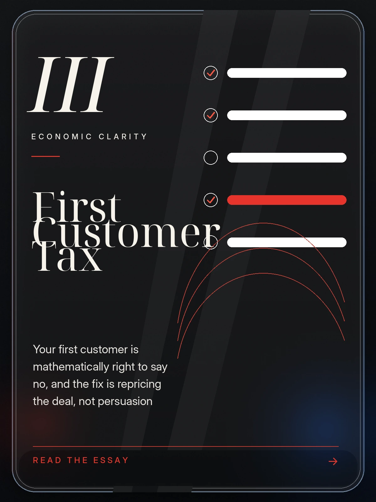 First Customer Tax. Your first customer is mathematically right to say no, and the fix is repricing the deal, not persuasion. Read the essay