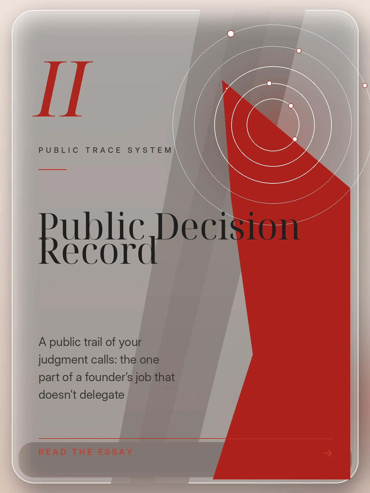 Public Decision Record. A public trail of your judgment calls: the one part of a founder's job that doesn't delegate. Read the essay